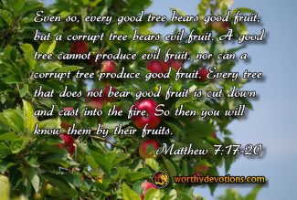 Even so, every good tree bears good fruit, but a corrupt tree bears evil fruit. A good tree cannot produce evil fruit, nor can a corrupt tree produce good fruit. Every tree that does not bear good fruit is cut down and cast into the fire. So then you will know them by their fruits.